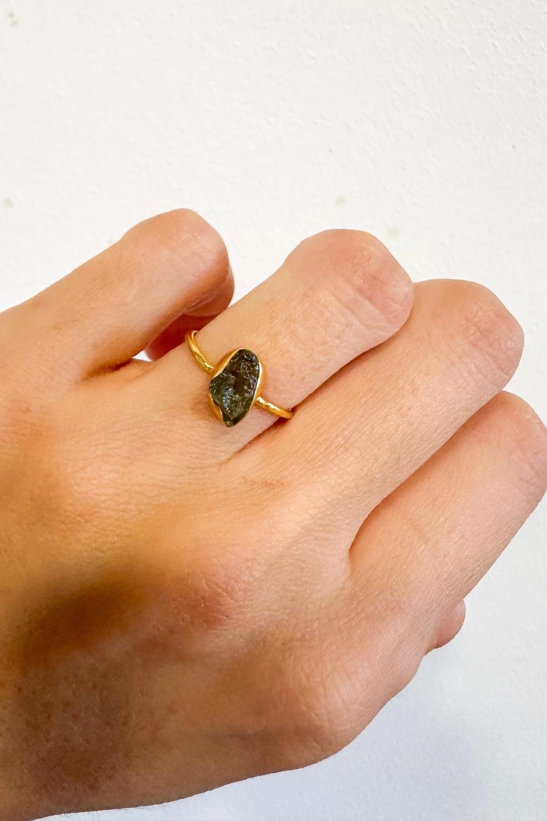 Anillo Moldavita Masivo | Bañado en Oro | Buena suerte - Espiritualidad