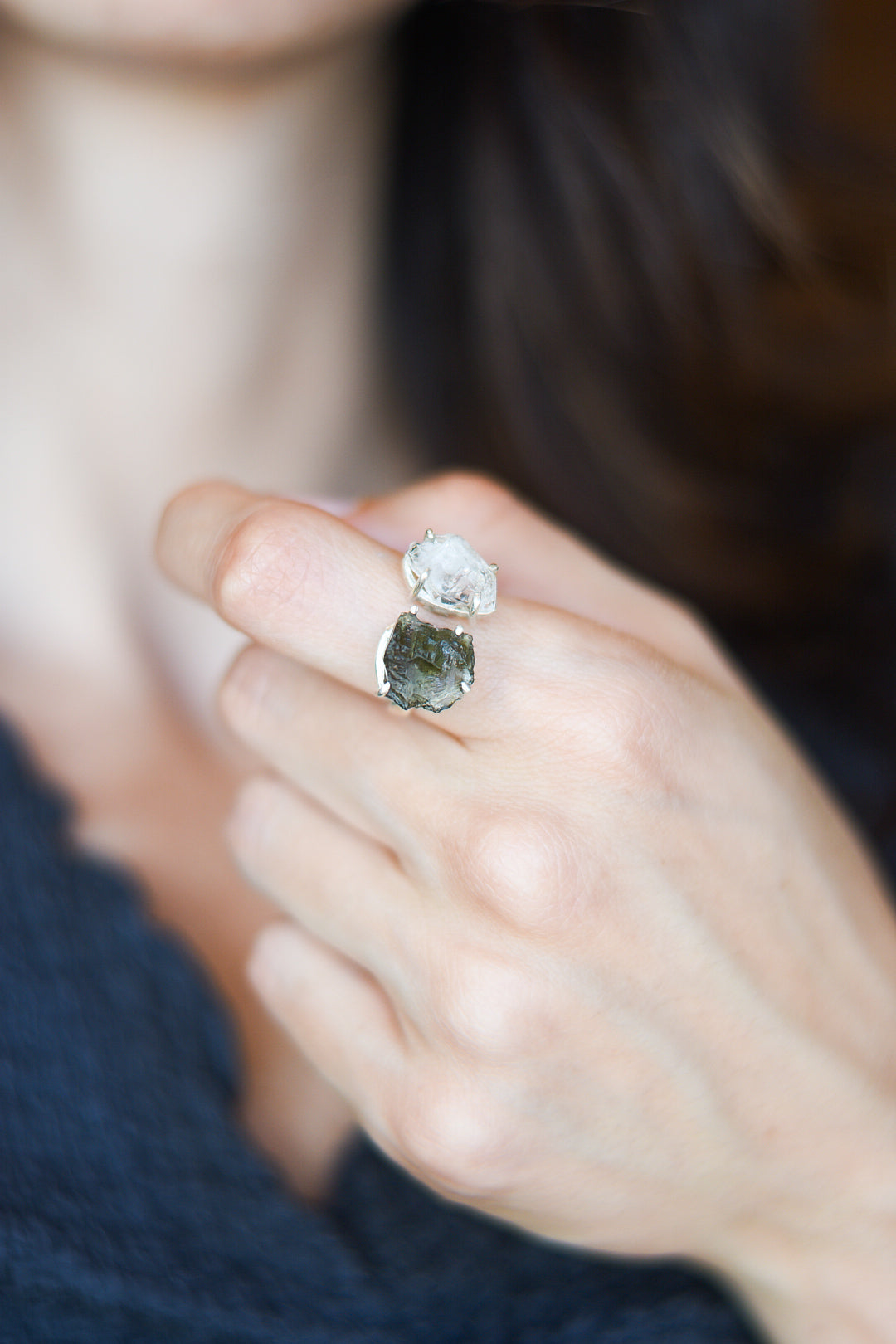 Anillo ajustable Moldavita y Herkimer | Transformación - Manifestación