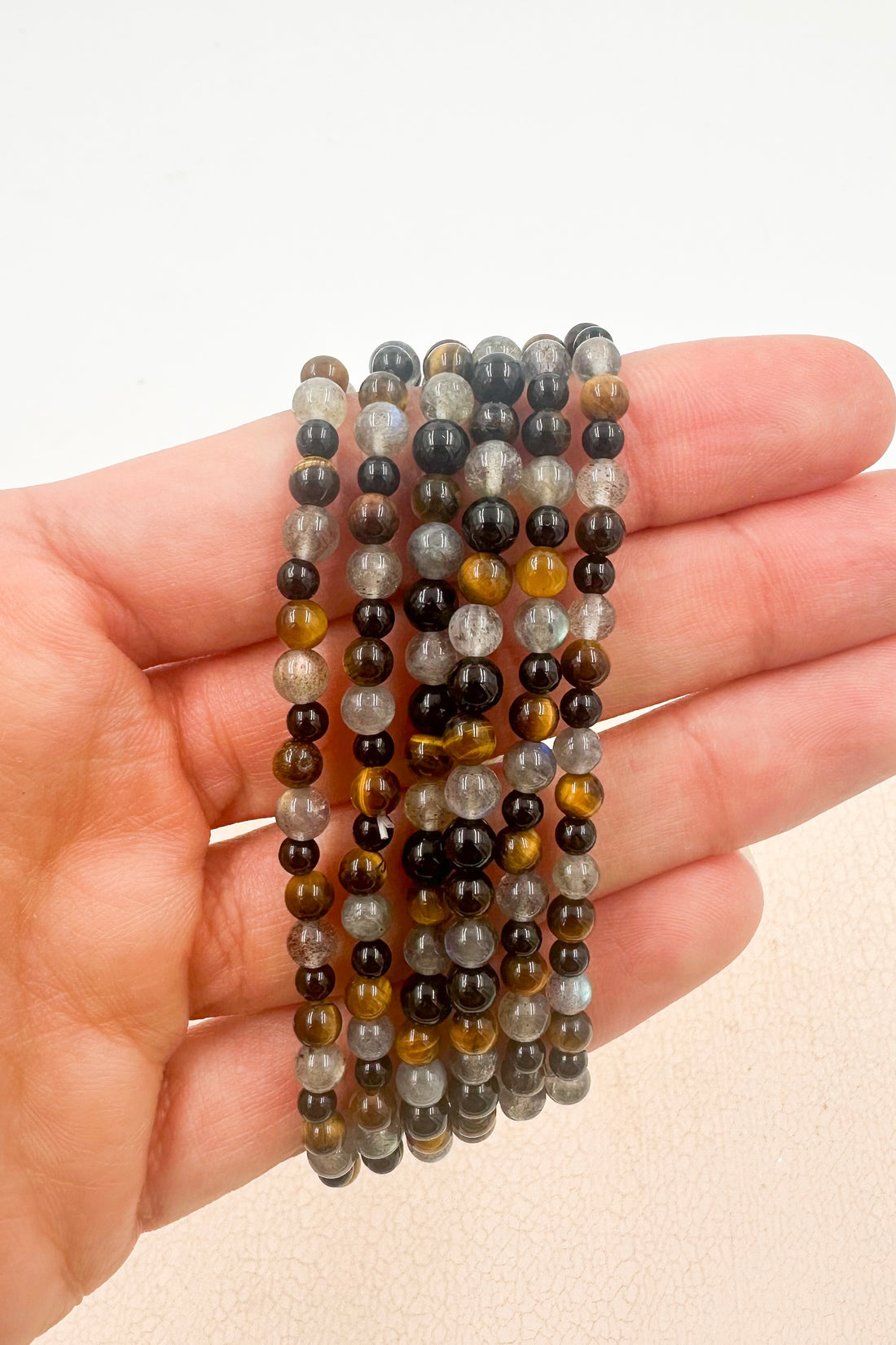 Pulsera Triple protección | 4mm | Turmalina negra, Ojo de tigre y Labradorita