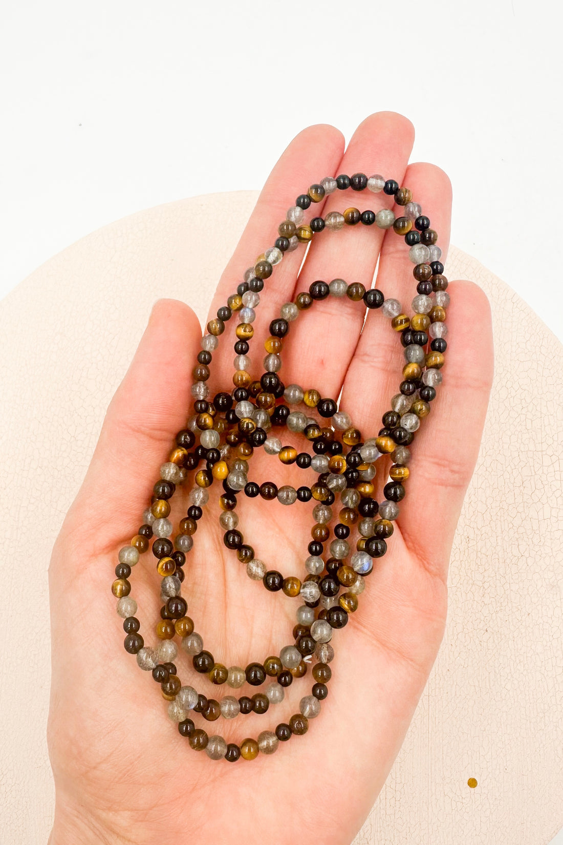 Pulsera Triple protección | 4mm | Turmalina negra, Ojo de tigre y Labradorita