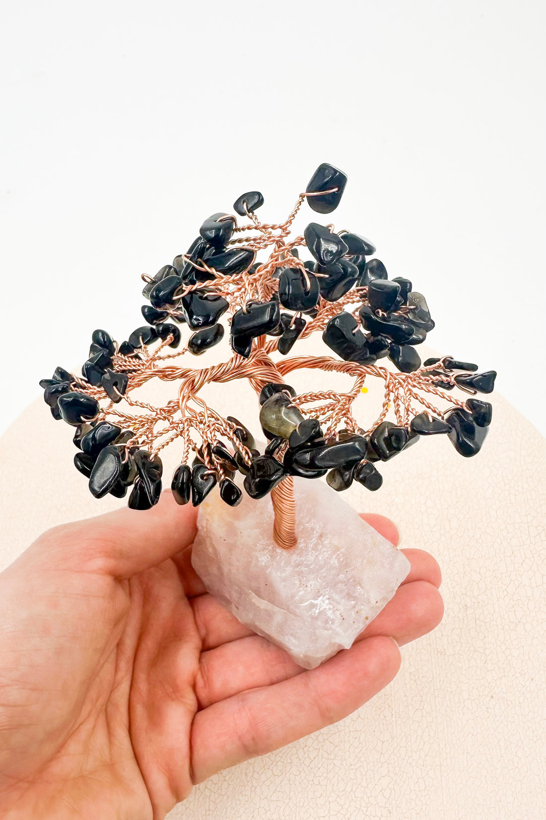 Árbol de obsidiana con base de cuarzo rosa | Amor - Protección