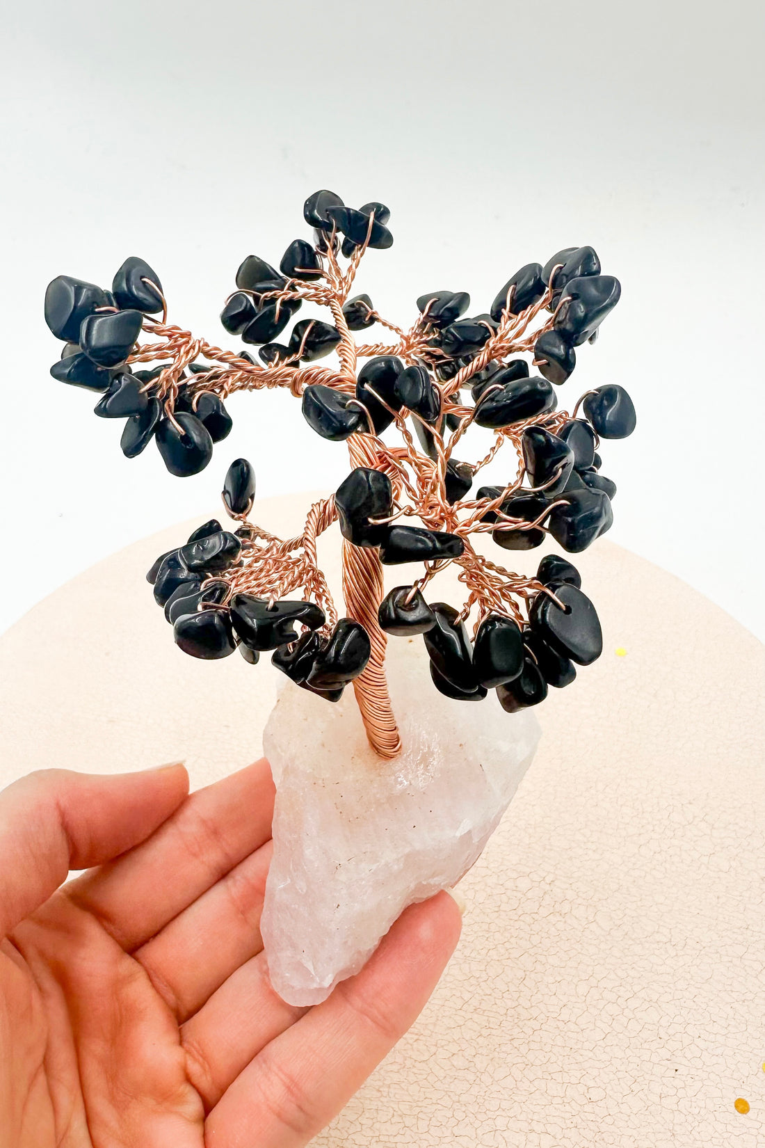 Árbol de turmalina con base de cuarzo rosa | Protección - Amor